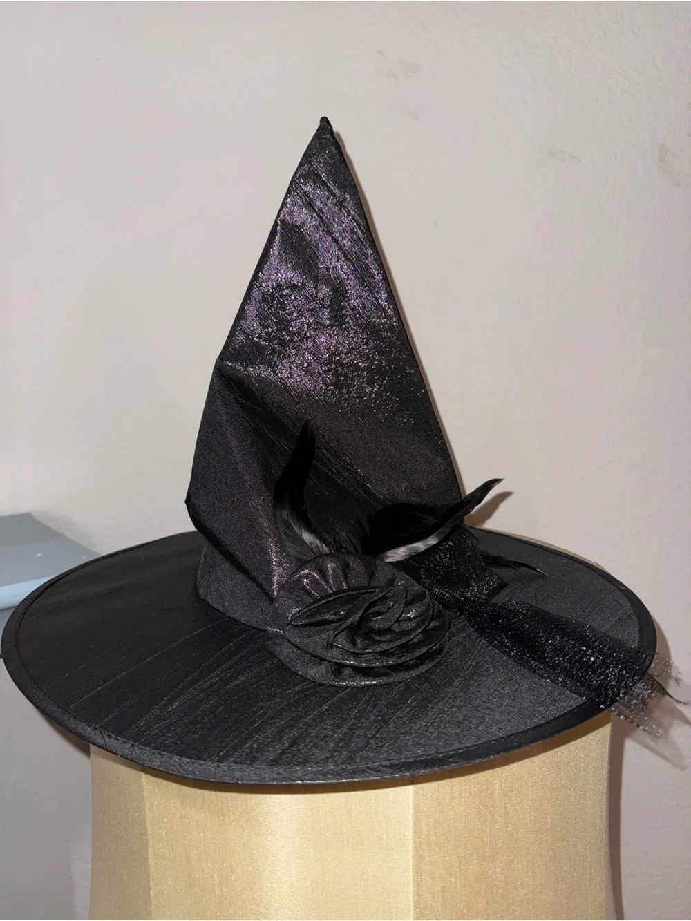 Black Witch Hat with Decorative Flower